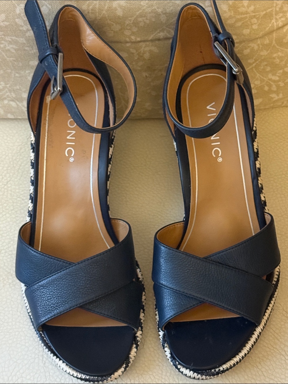 Vionic Women’s Marina Navy Leather Crisscross Wedge Sandals